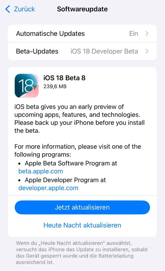 长治苹果手机维修分享苹果 iOS / iPadOS 18 开发者预览版 Beta 8 发布 